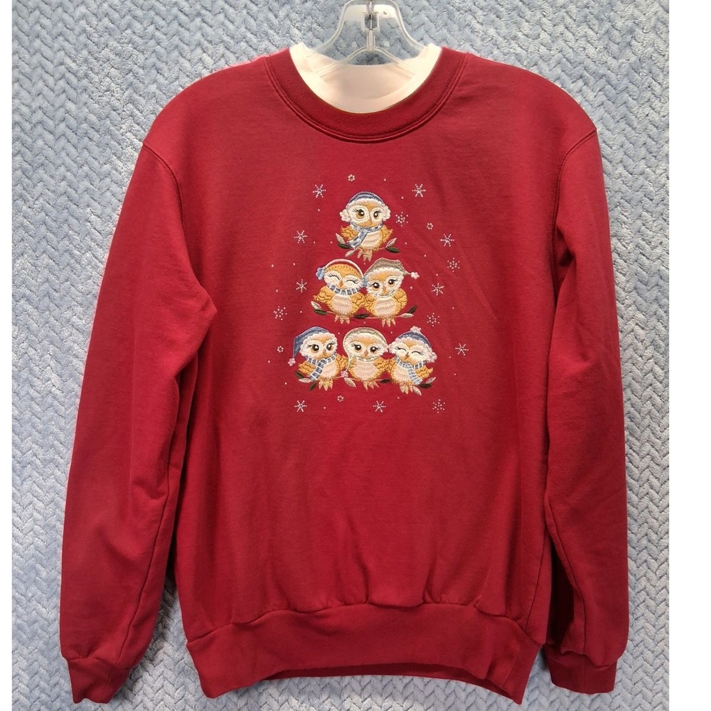 Morning Sun Christmas Owl Tree Embroidered Sweatshirt Red Small Rhinestone